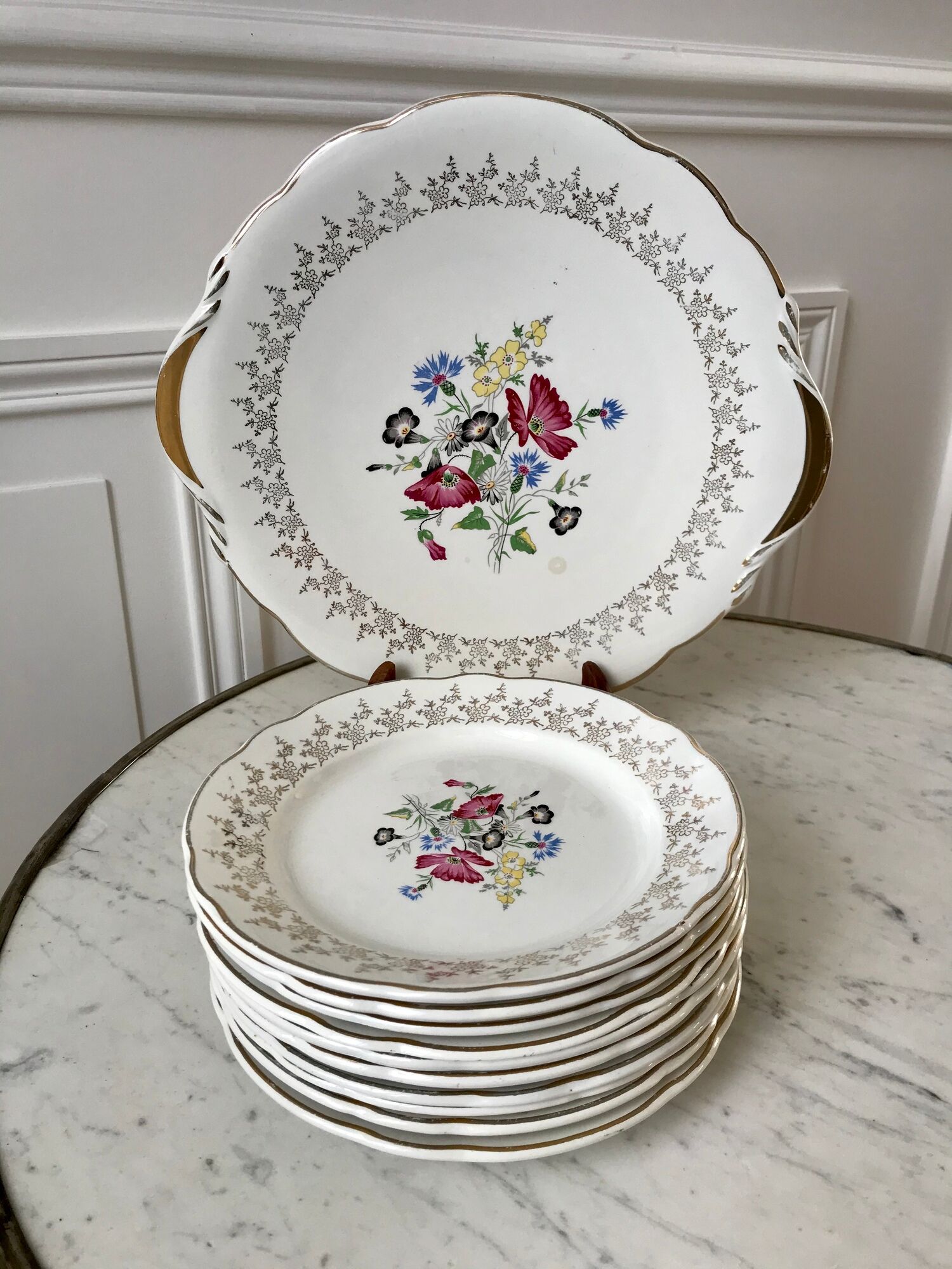 Dessert service cake dish and 10 dessert plates Digoin Sarreguemines Pamplona 50s