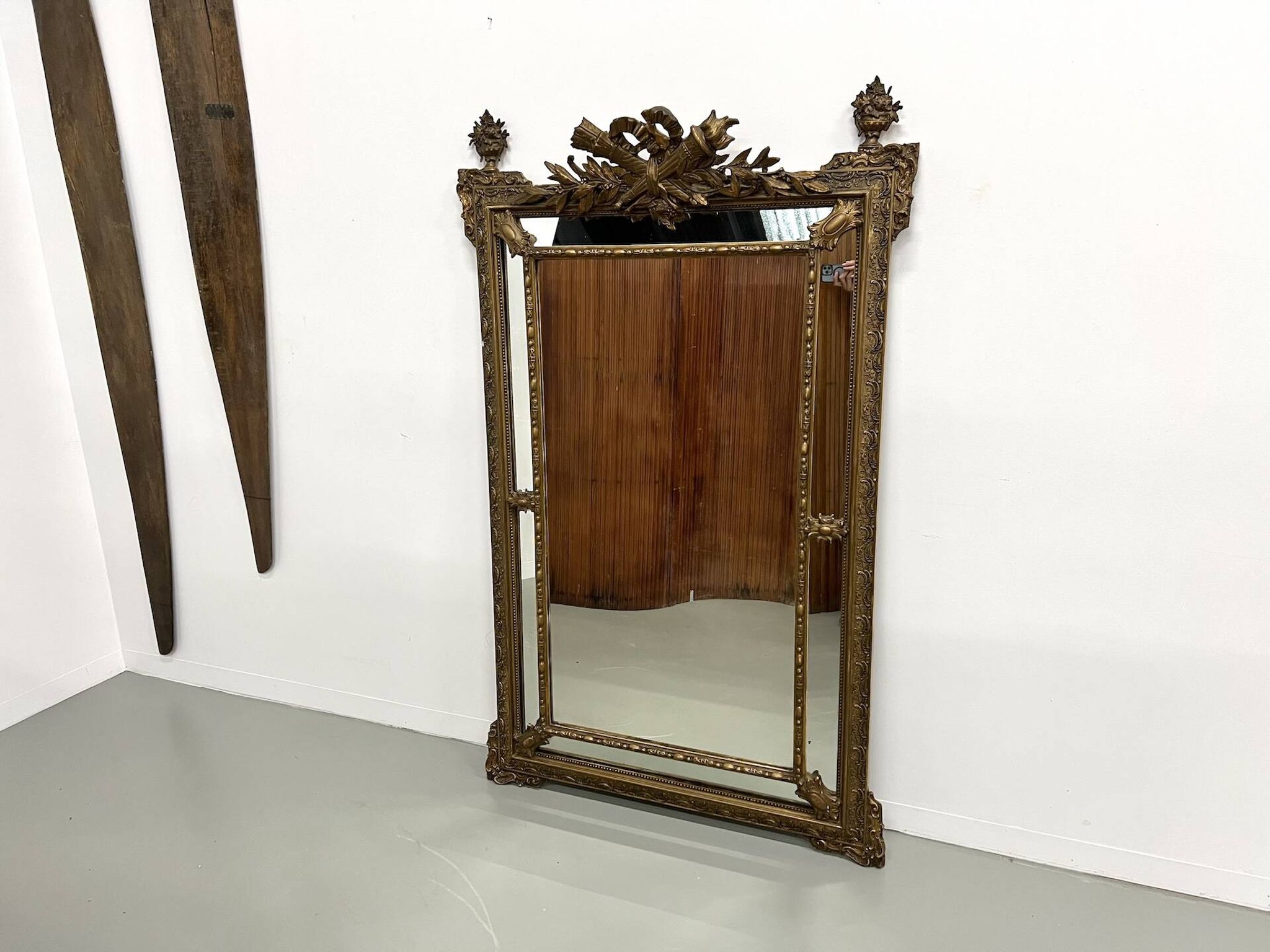 Large antique pediment mirror with mouldings.