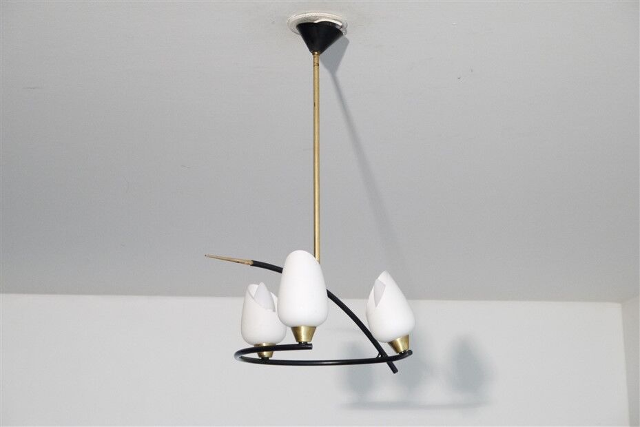 Vintage chandelier arlus in metal, opaline and brass 1950