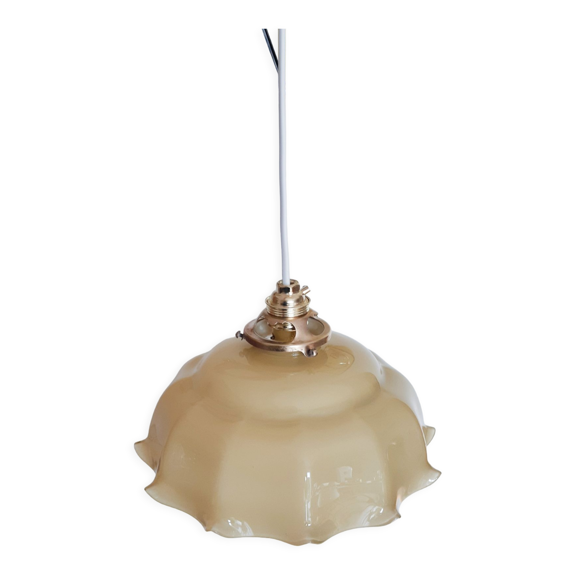 Pendant lamp chandelier, vintage yellow and white glass luminaire, petticoat shape, vintage french