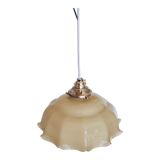 Pendant lamp chandelier, vintage yellow and white glass luminaire, petticoat shape, vintage french