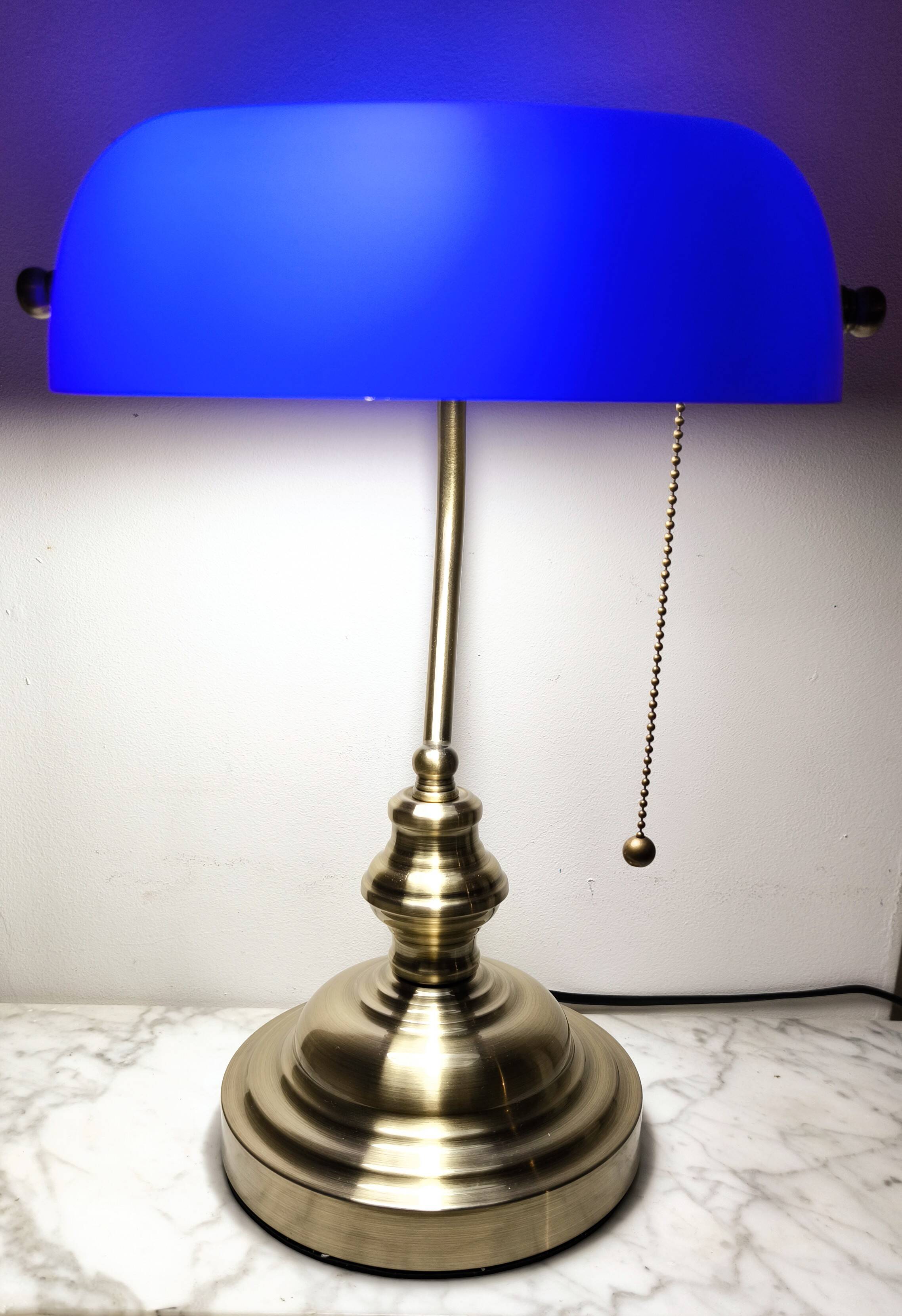 Lampe de banquier vintage en cristal bleu années 80