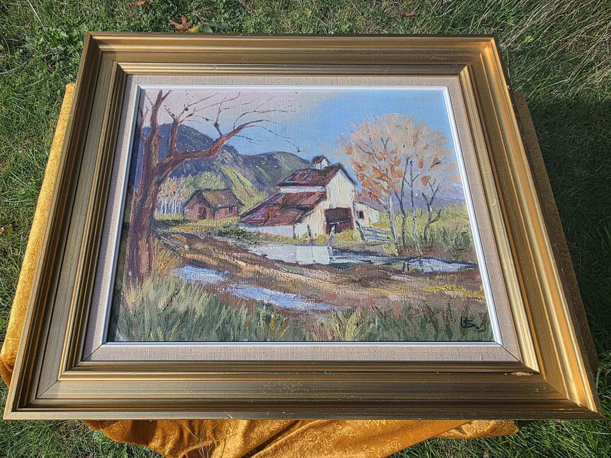 Vintage Oil Landscape Painting - Impasto Barn Scene