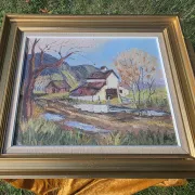 Vintage Oil Landscape Painting - Impasto Barn Scene