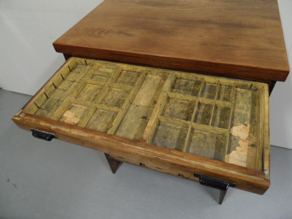 Industrial Dutch pine work bench with drawers