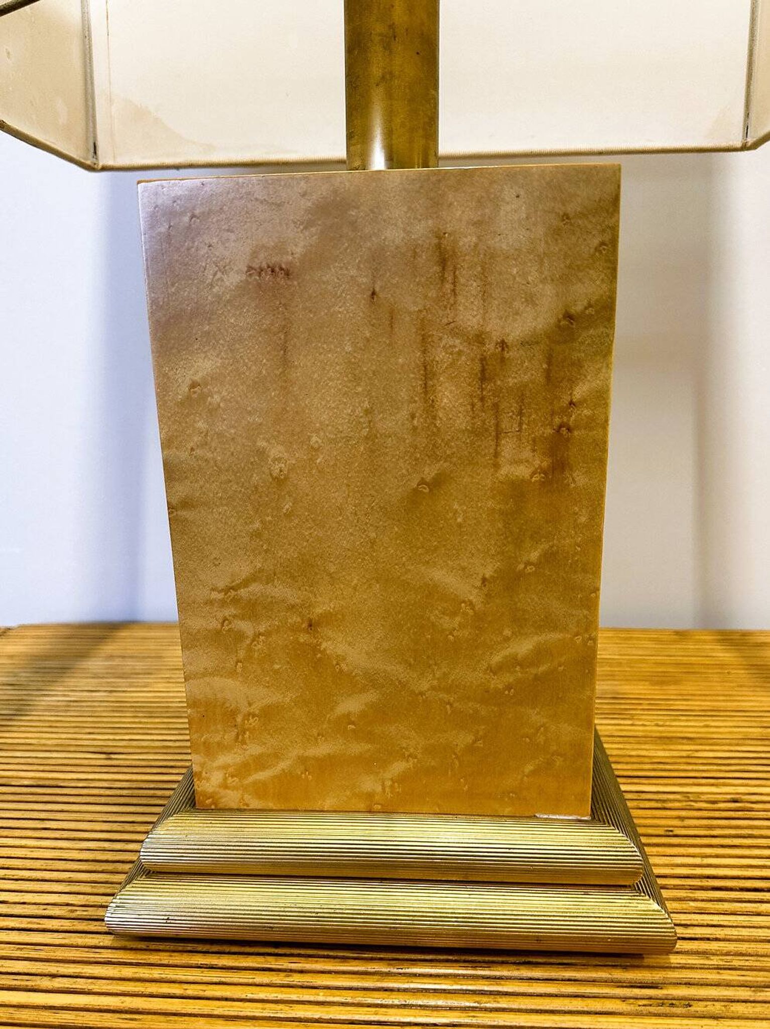Vintage burlwood rectangular table lamp, France 1980s