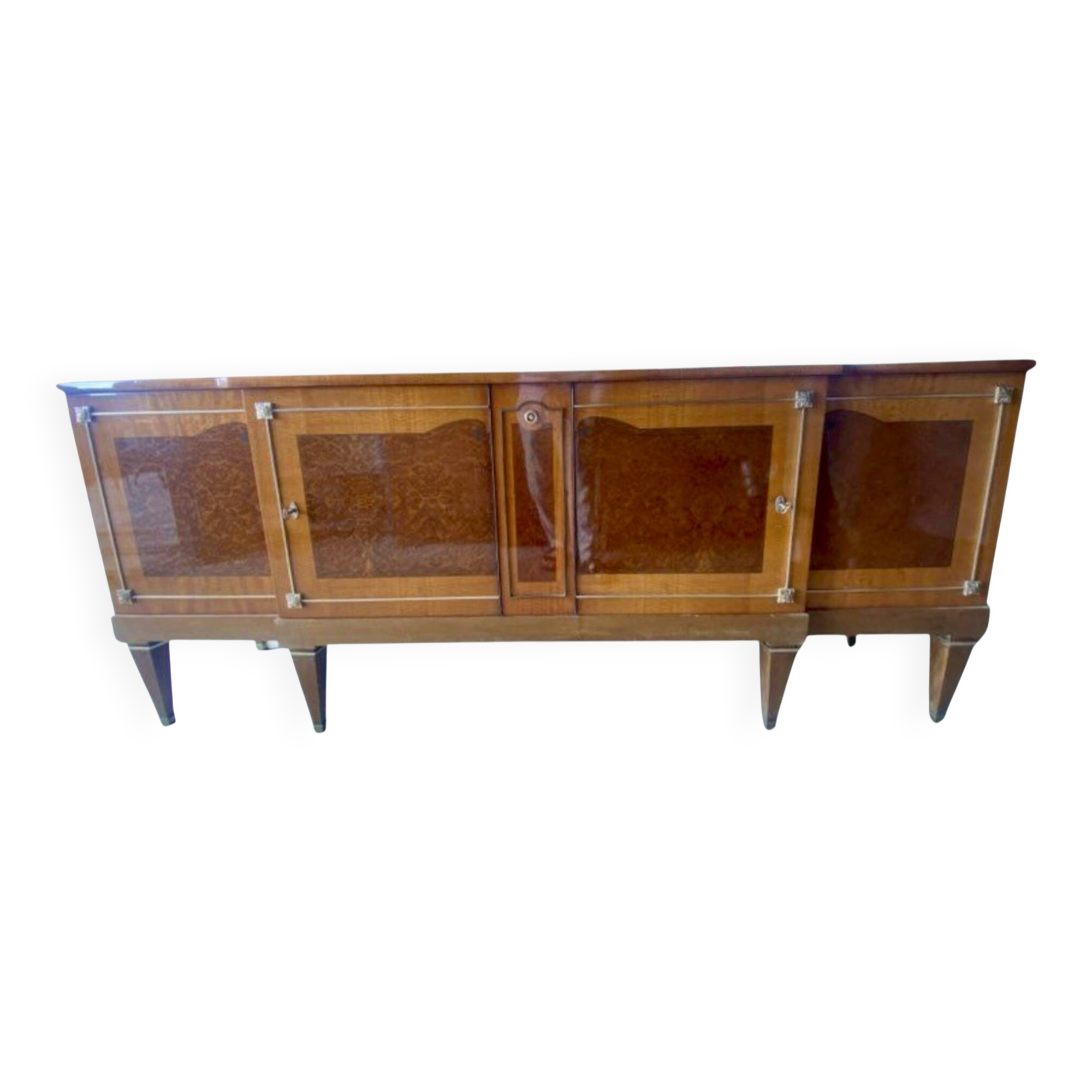 Satin wood sideboard, brass fittings — Mid-Century