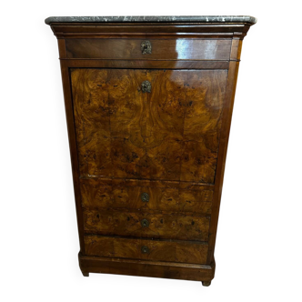 Louis-Philippe secretary in walnut and walnut burl – grey marble – X
