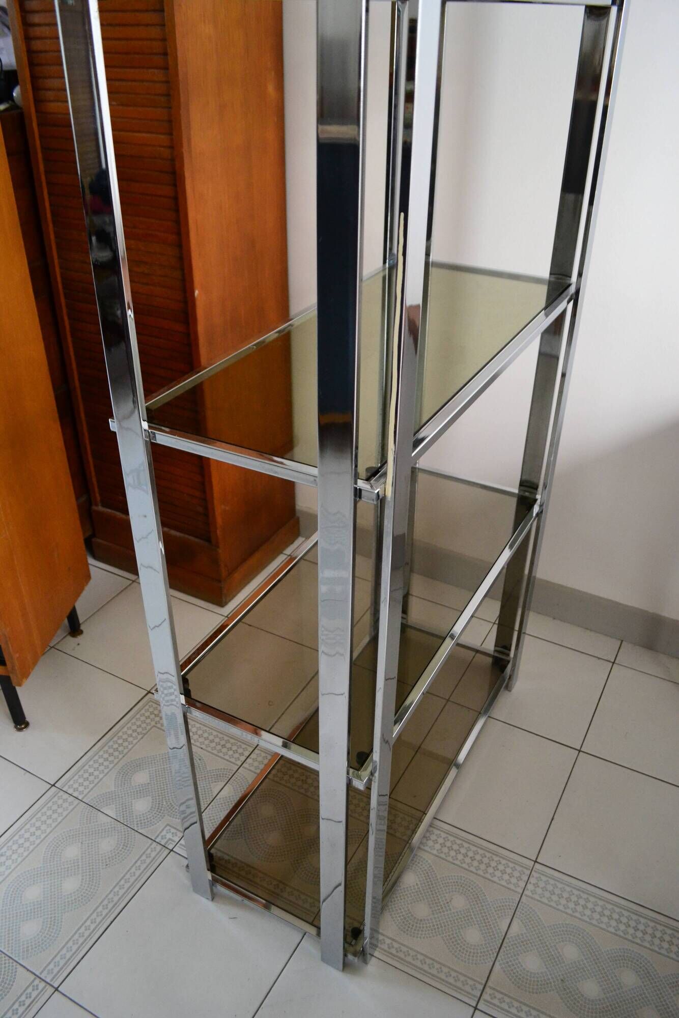 1970s smoked glass chrome bookshelf