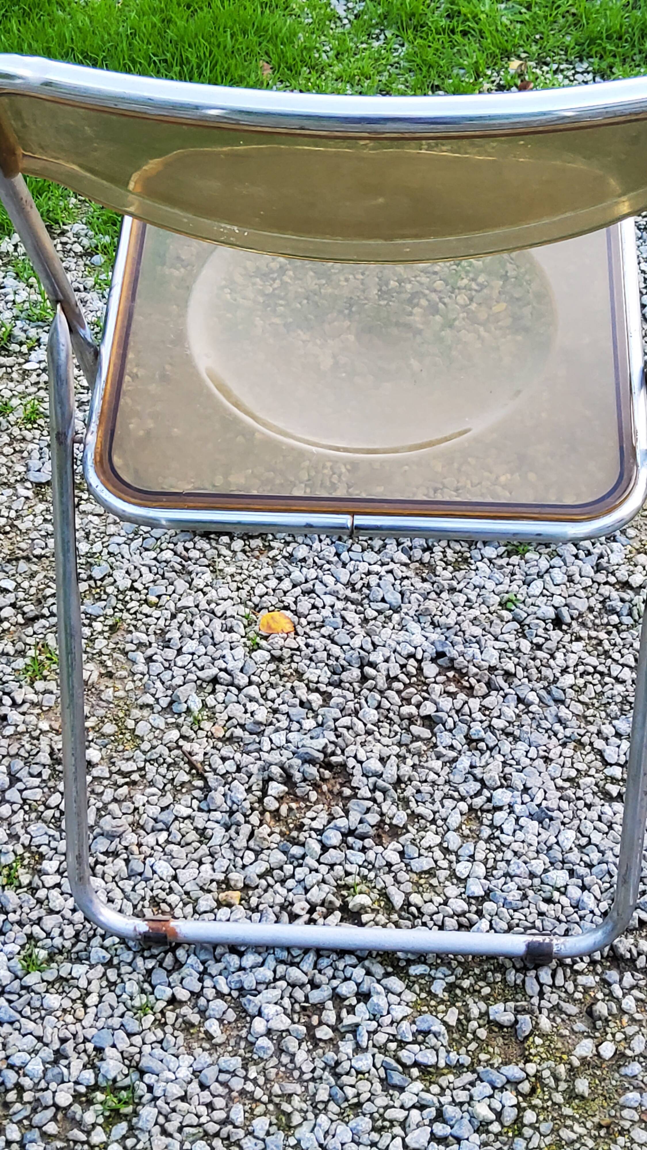 Set of 4 70s design folding chairs in smoked plexiglass and chrome metal