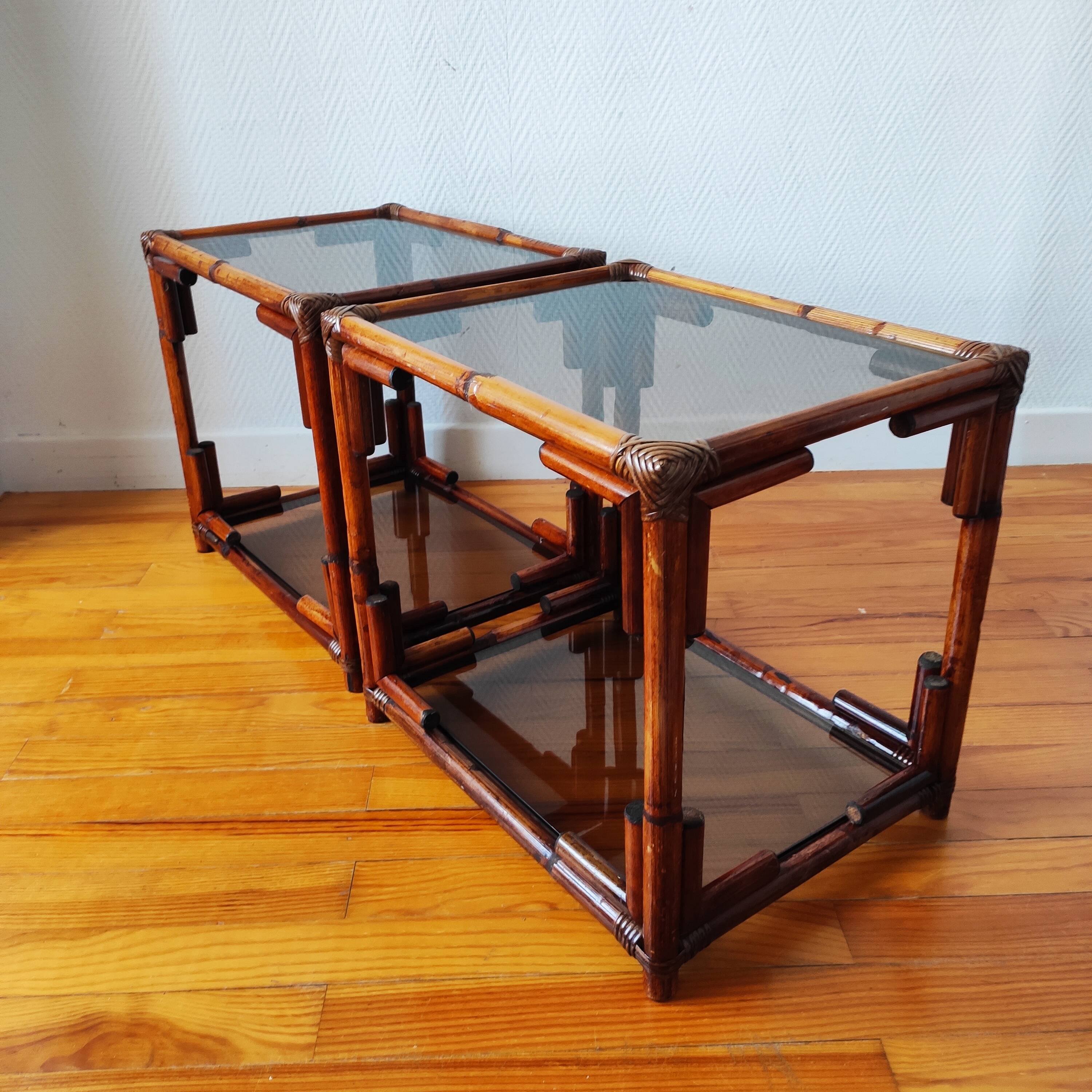 Pair of bedside tables - rattan smoked glass side tables vintage 70s-80s