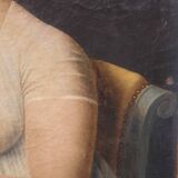 Portrait à l'huile d'une dame en robe blanche assise sur une tête de mort