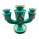 Vintage Saint-Clément Candle Holder - 3 Branches in Water Green and Gold - Ceramic Fr