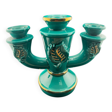 Vintage Saint-Clément Candle Holder - 3 Branches in Water Green and Gold - Ceramic Fr