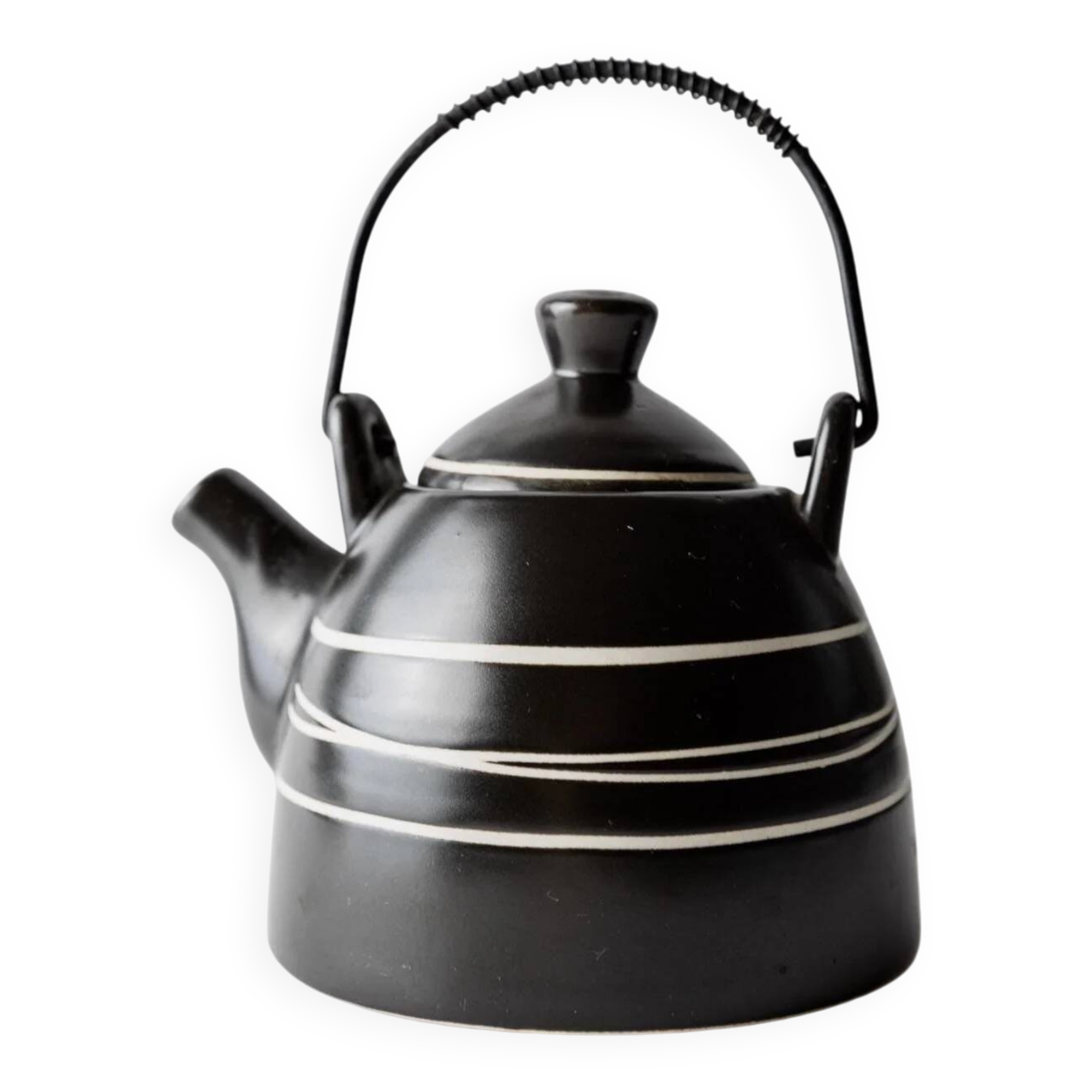 Vintage ceramic teapot from the 1980s, black with white stripes and a metal handle.