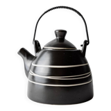 Vintage ceramic teapot from the 1980s, black with white stripes and a metal handle.