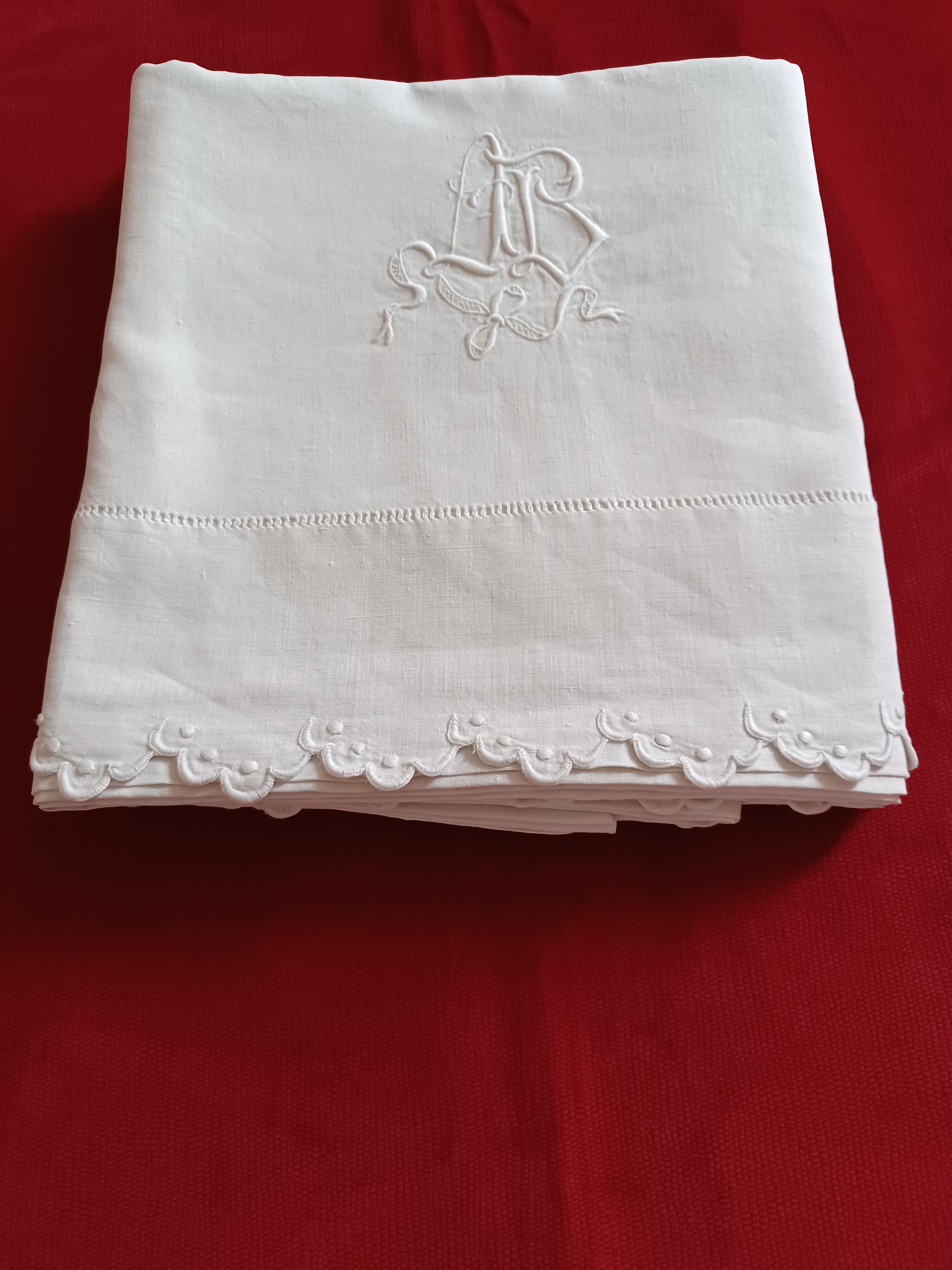 Sheet hand embroidered thread monogram A.B.