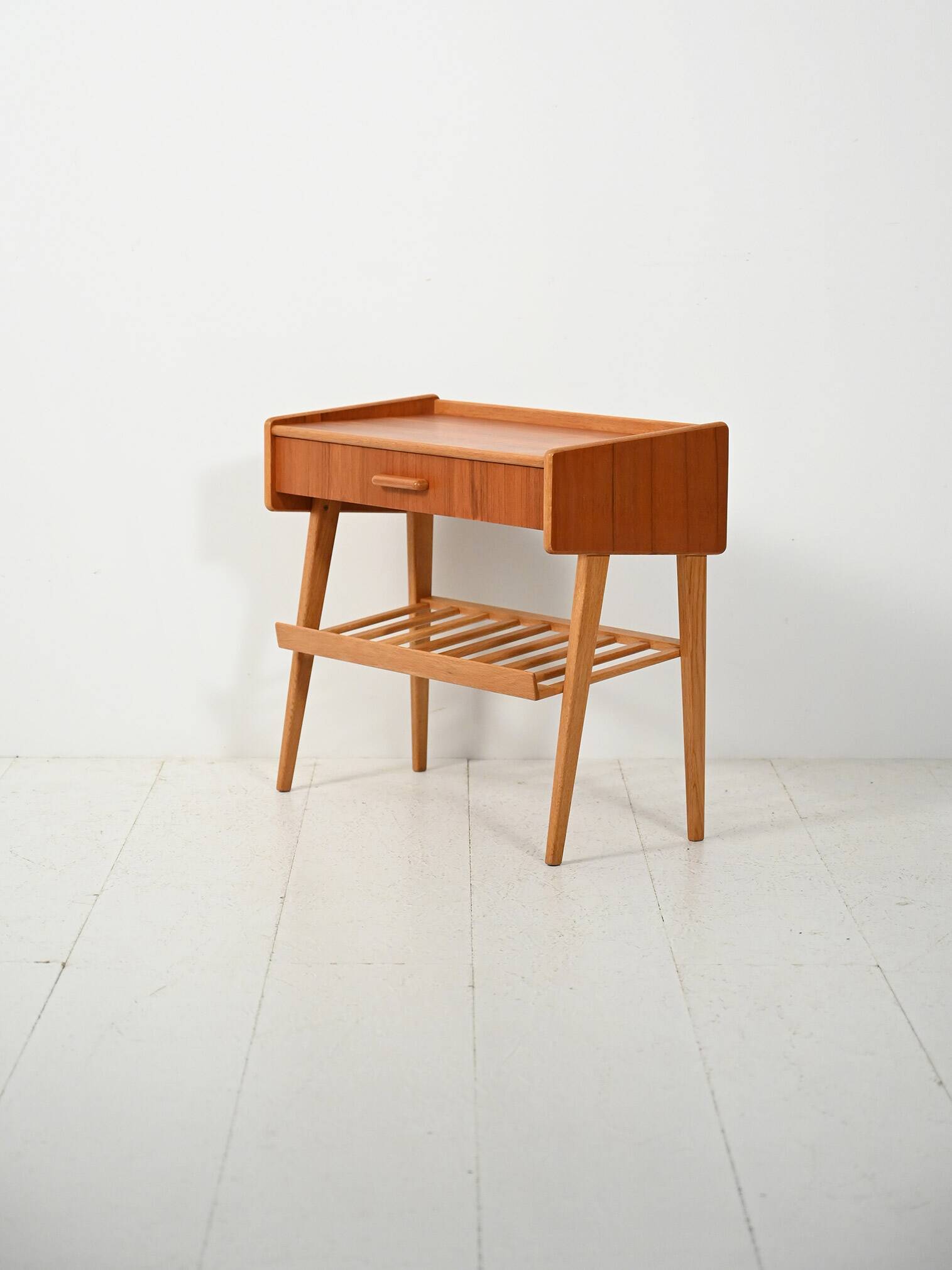 Scandinavian bedside table with drawer and magazine rack