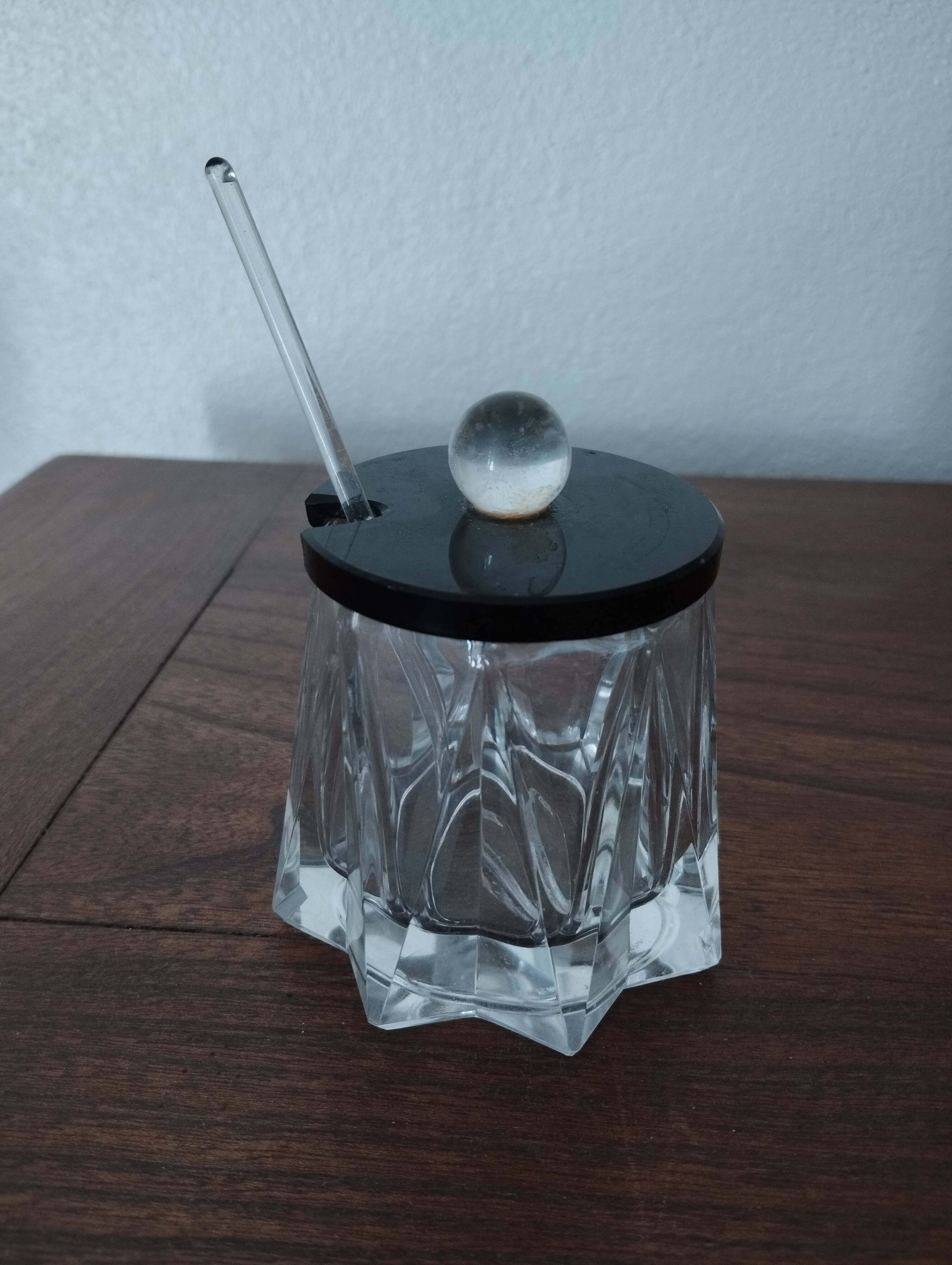 Salt shaker, pepper shaker, mustard pot, sugar bowl in crystal.