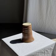 Vintage ceramic vase in glazed brown-orange with stripes H21.5 D19