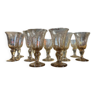 Biot 20th century: series of 12 water glasses on bubbled glass legs signed with orange-brown reflections