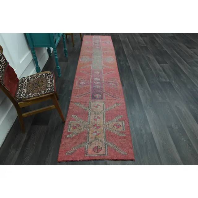 1970s Vintage Turkish Handmade Wool & Cotton Pink Runner Rug 76x344