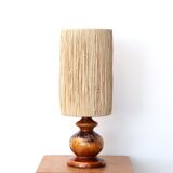 Brown ceramic lamp, raffia shade, 70s