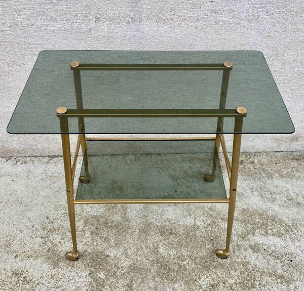 Desserte, console, table roulante vintage 1970 verre et dorée