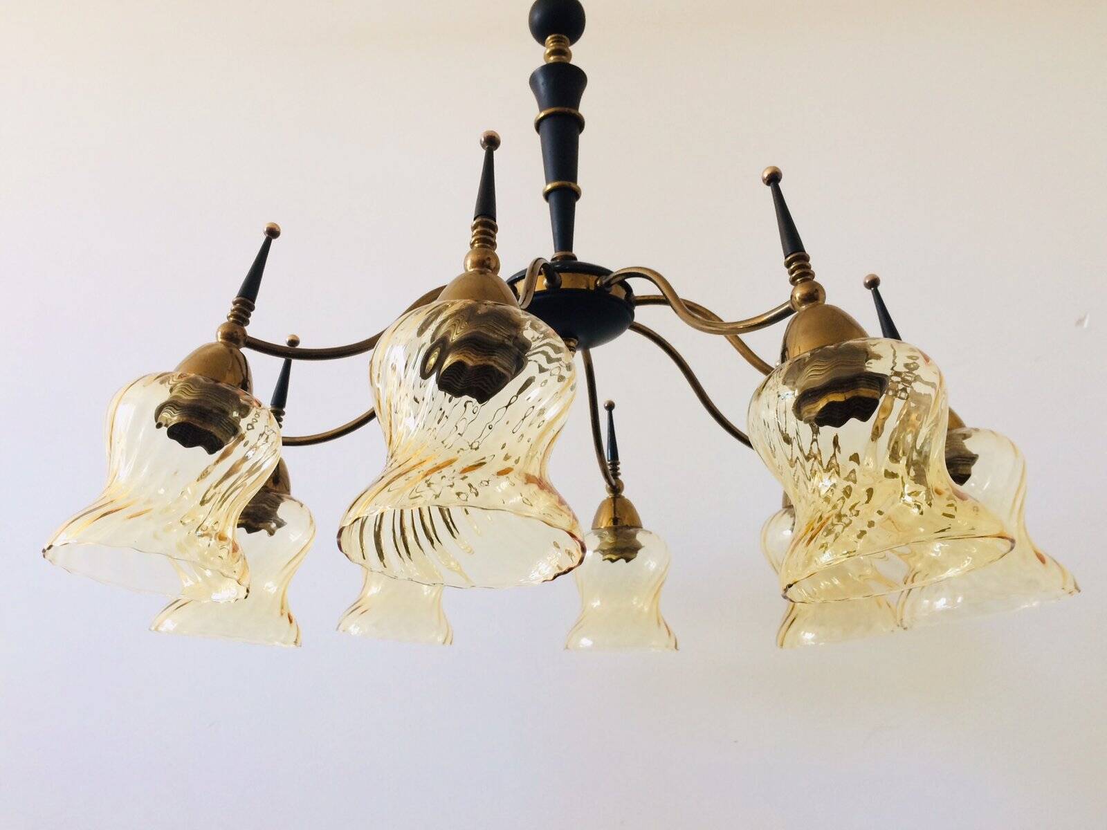 Atomic Age Design Brass and Glass Chandelier, 1950s
