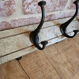 Solid teak coat hook with 4 double cast iron hooks