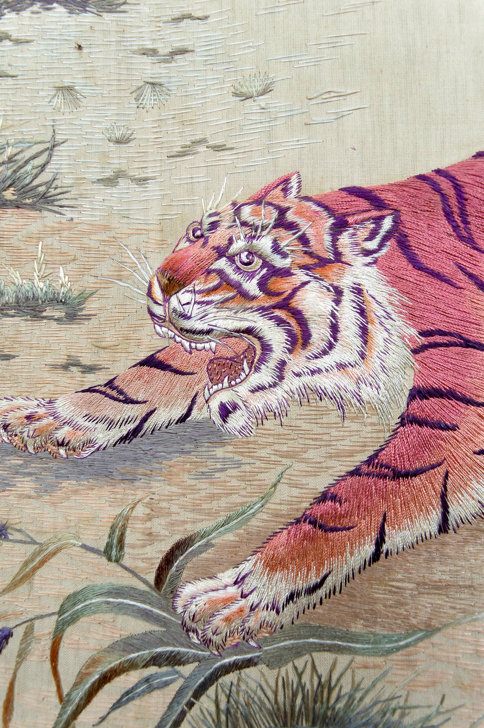 Important Set of Three Indochinese Silk Embroidered Tapestries