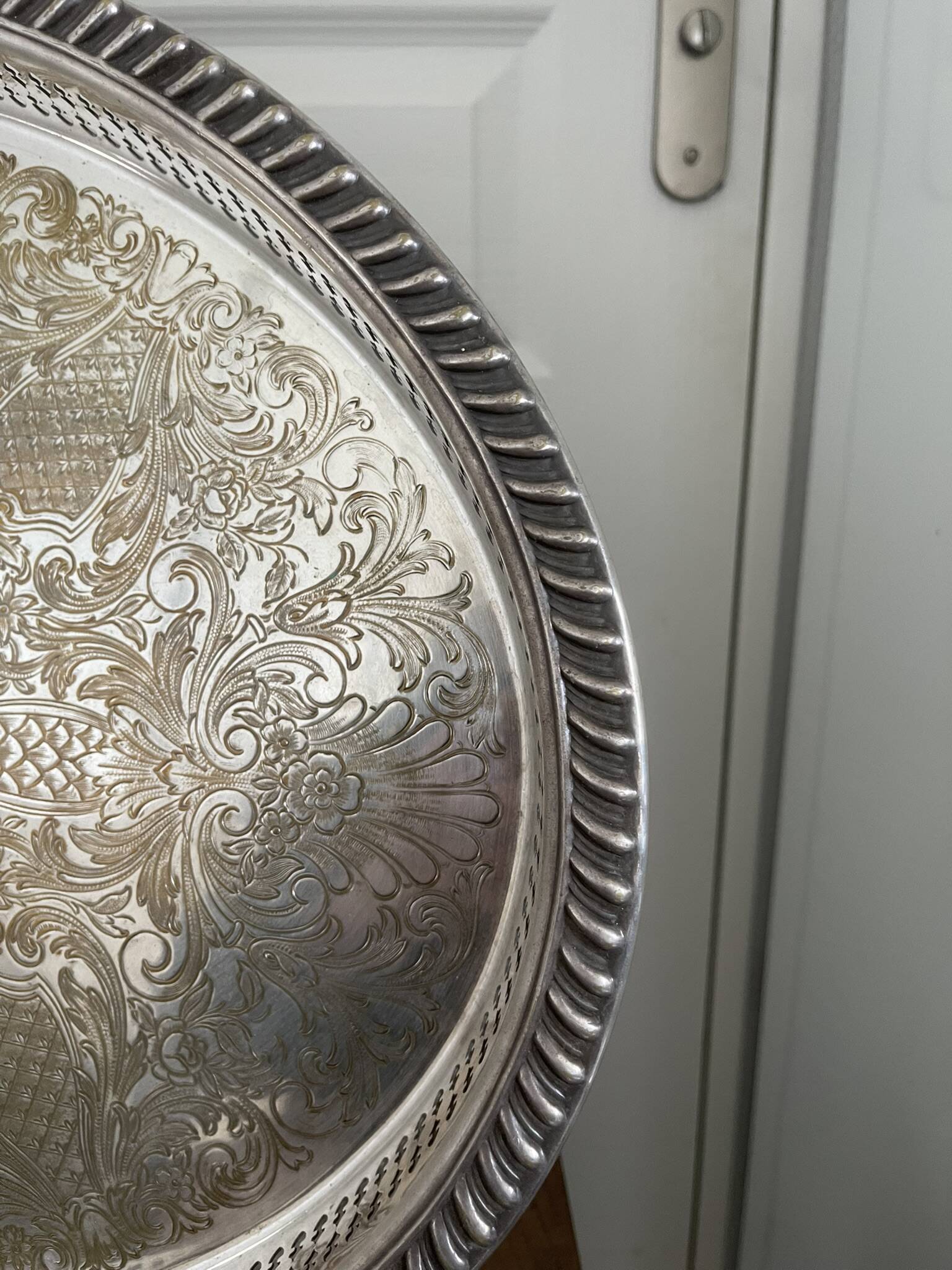 Vintage Silver Metal Tray Floral Rococo Pattern 55x40cm 1970