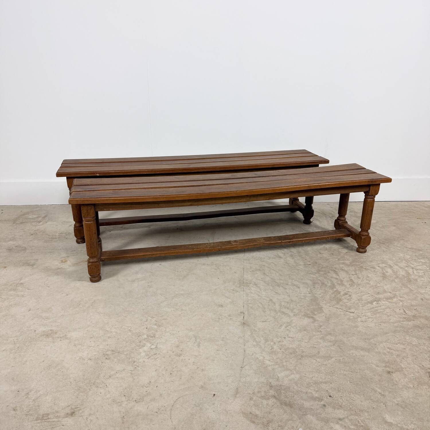 Pair of Antique Oak Benches with Turned Legs