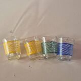 set of 4 vintage liqueur glasses in yellow, green, and blue