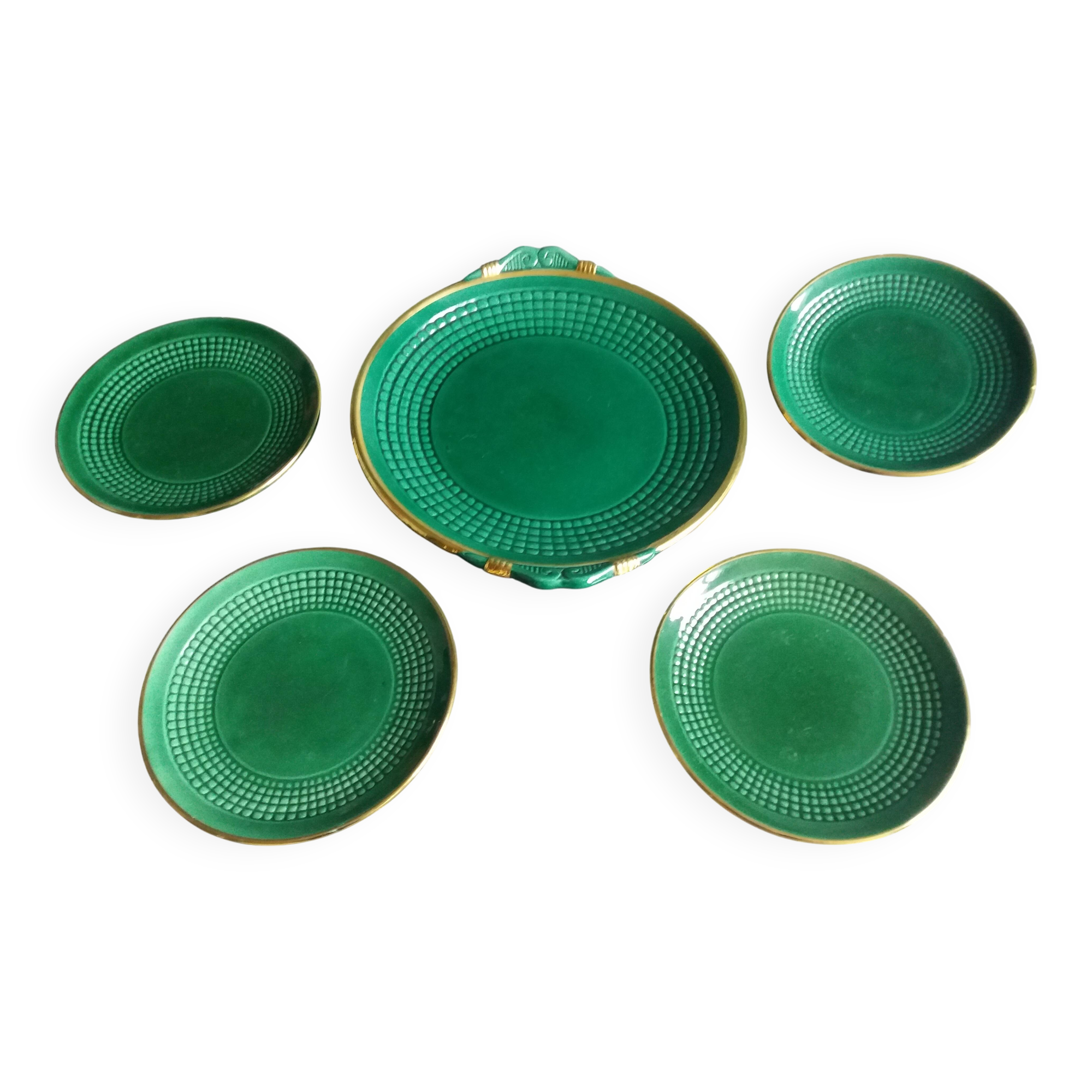 Dessert or cheese set, dish and 4 plates, Saint Clément green and gold