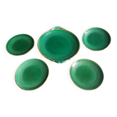 Dessert or cheese set, dish and 4 plates, Saint Clément green and gold
