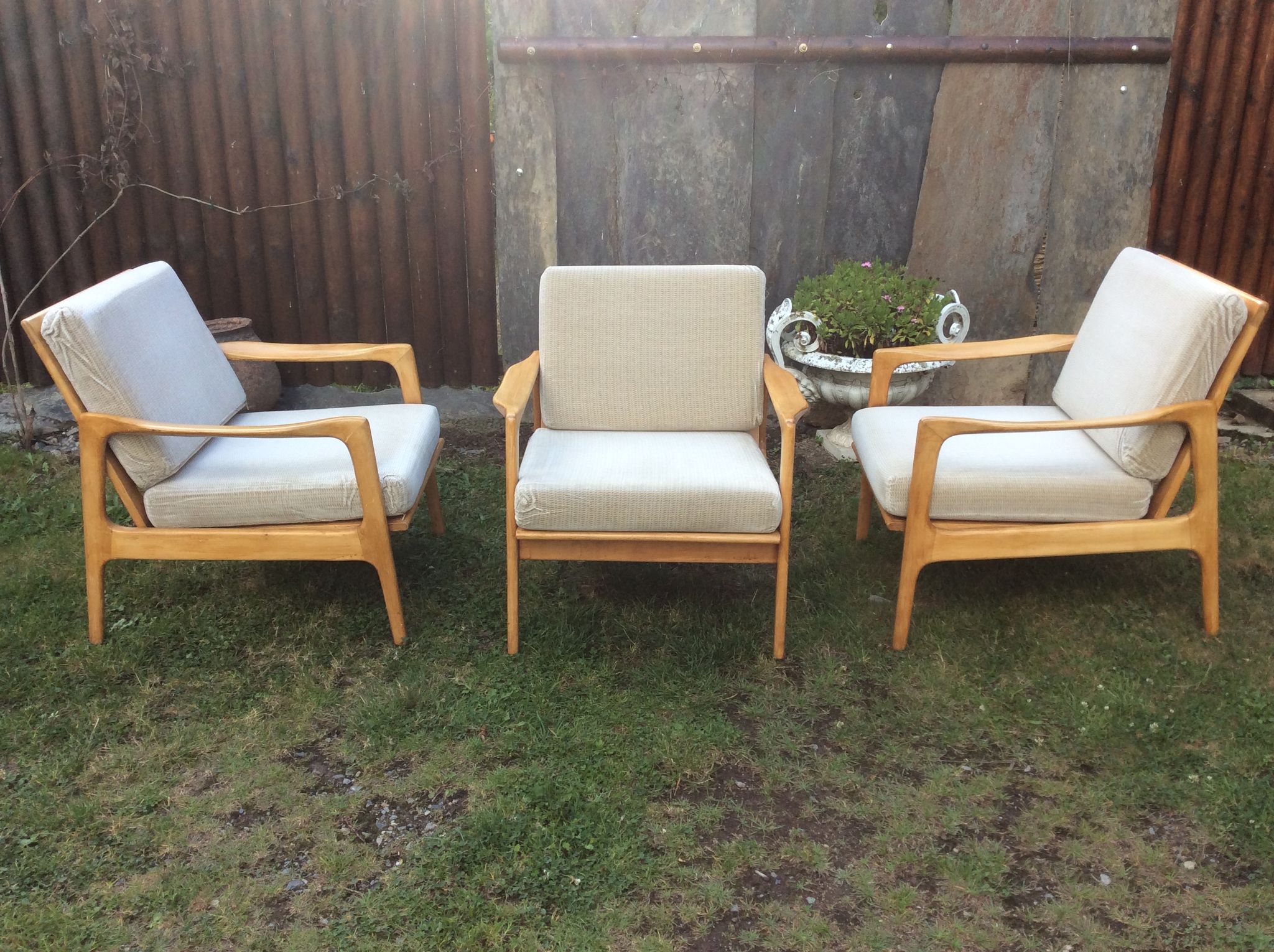 Vintage Scandinavian bench and armchairs of 4 pieces, 1 bench and 3 armchairs.