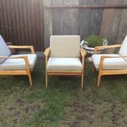 Vintage Scandinavian bench and armchairs of 4 pieces, 1 bench and 3 armchairs.