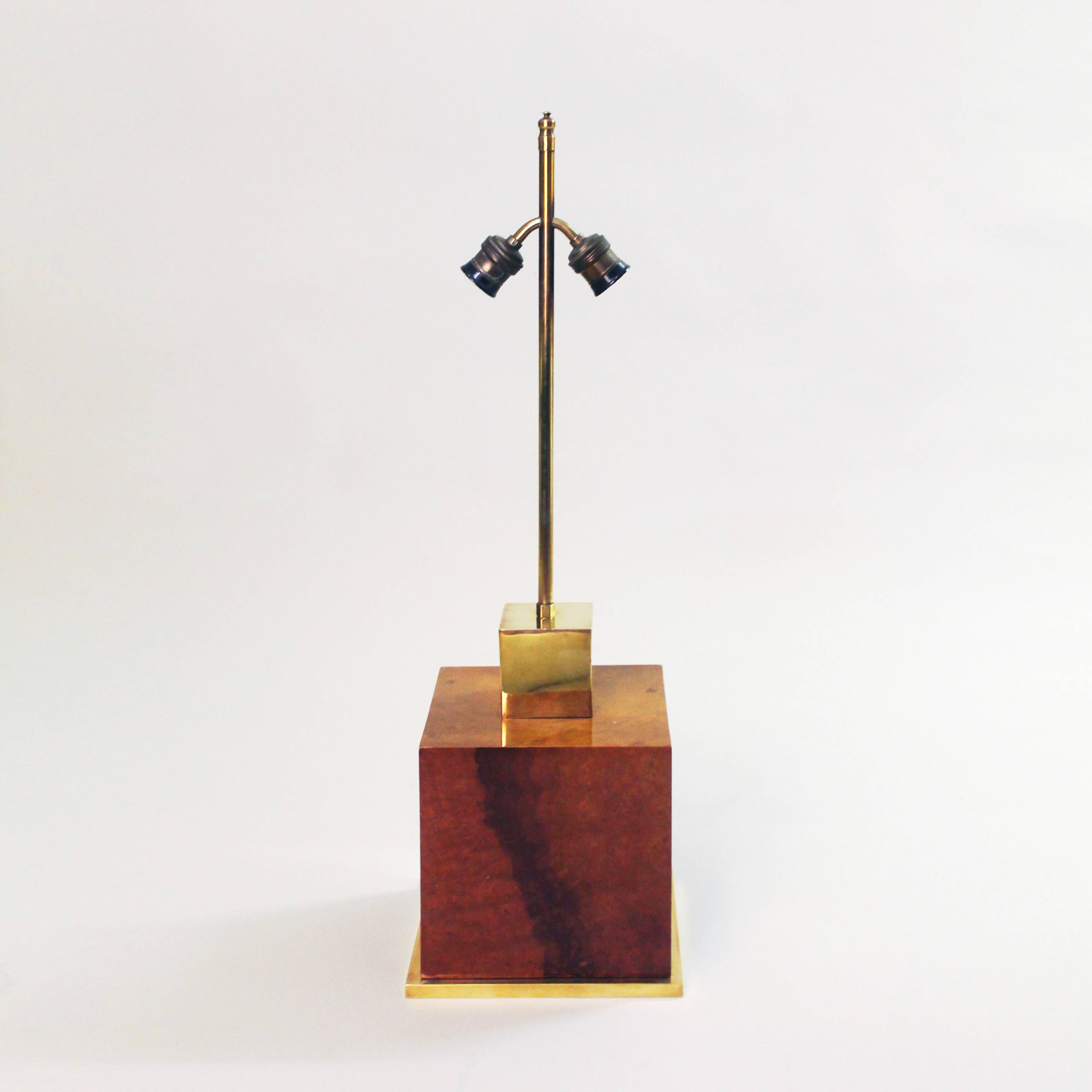 Lacquered Burl Wood Cube Table Lamp 1970s Hollywood Regency Glamour
