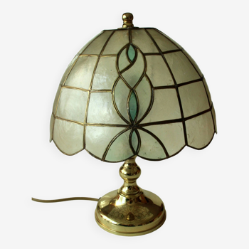 Mid Century handmade table lamp Tiffany Style, made of metal and mother of pearl, vintage
