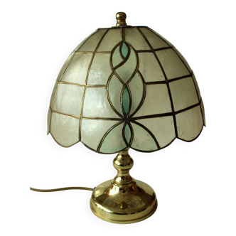 Mid Century handmade table lamp Tiffany Style, made of metal and mother of pearl, vintage