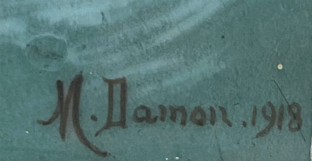 Painting HSCéramique "Nue sur la vague" signed M. Damon 1918 + frame