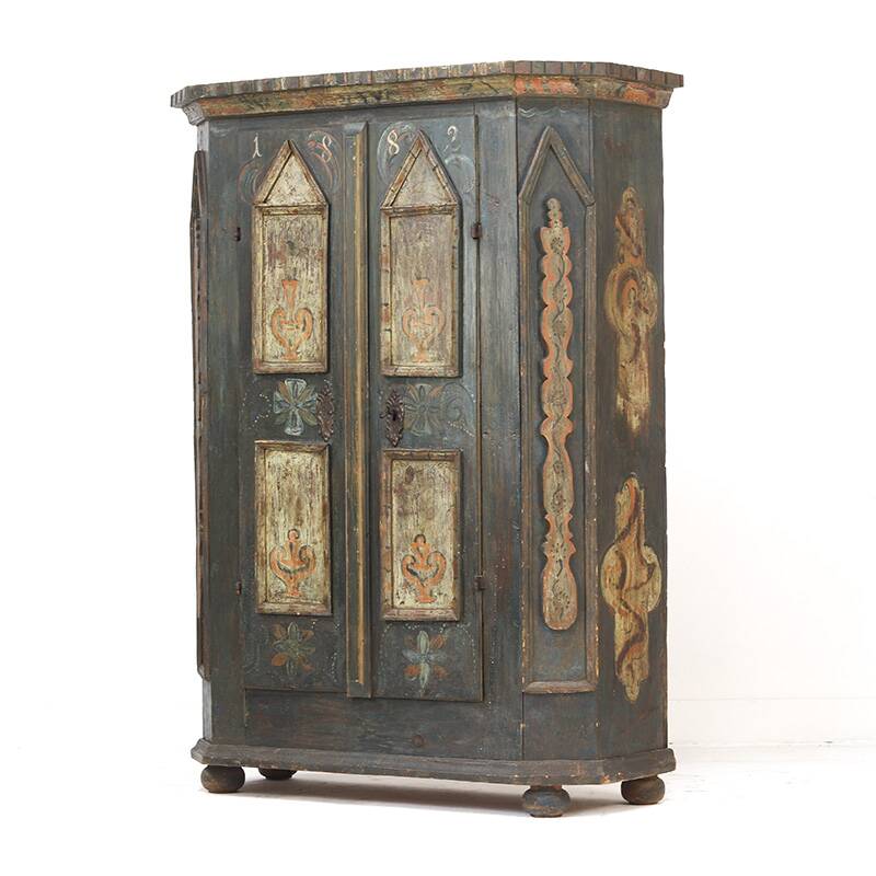 Antique Rustic Farmhouse Folk Art Painted Bridal Cabinet 1882