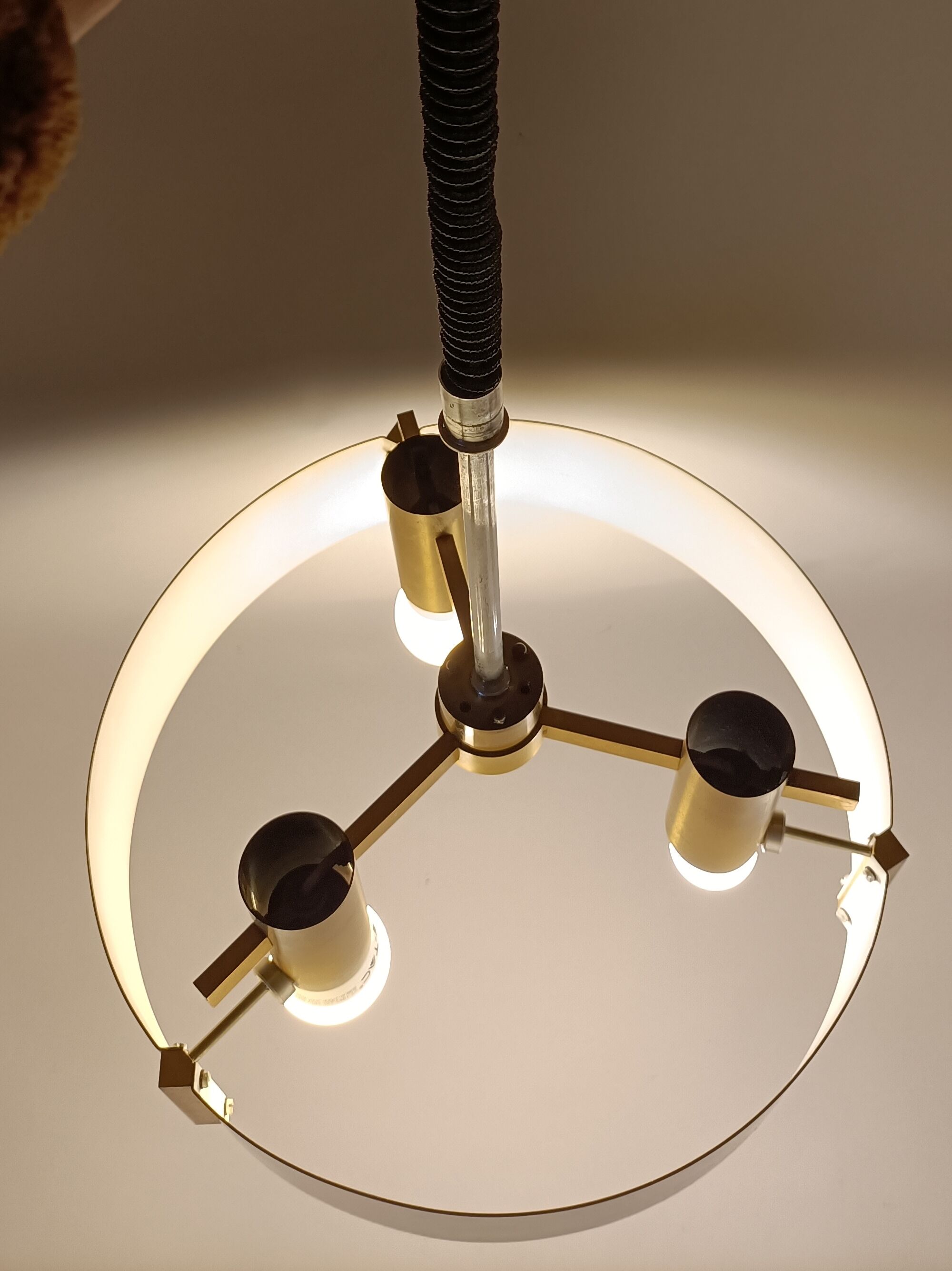 Italian 3-light suspension UFO brushed aluminium and golden brass 1970