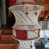 Large vintage macramé pendant lamp in cotton thread and wool, 120 cm.