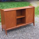 Enfilade vintage en chêne doré portes coulissantes pieds compas 1950