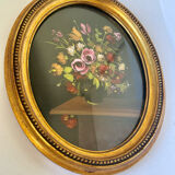 Peinture de la composition florale dans un cadre ovale en bois doré mesures 29 cm x 23 cm verre CONVEXE