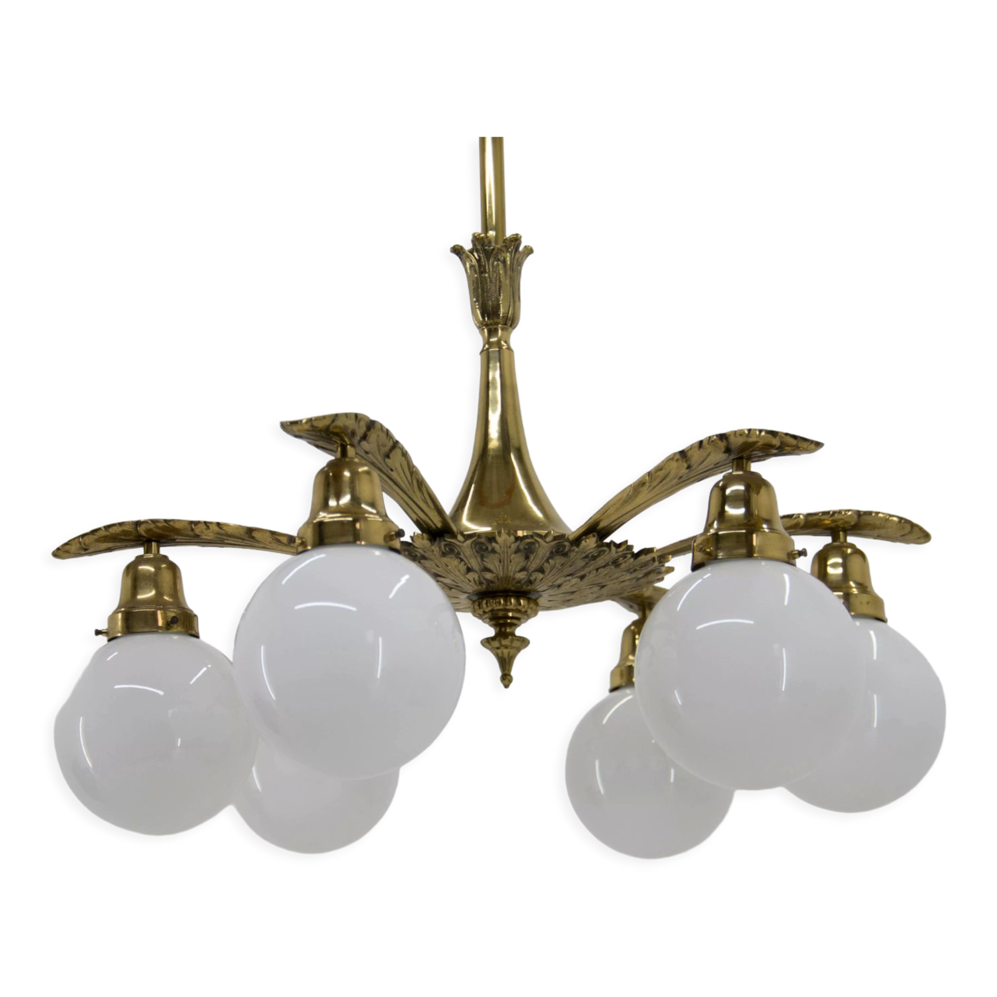 Art nouveau brass and glass chandelier