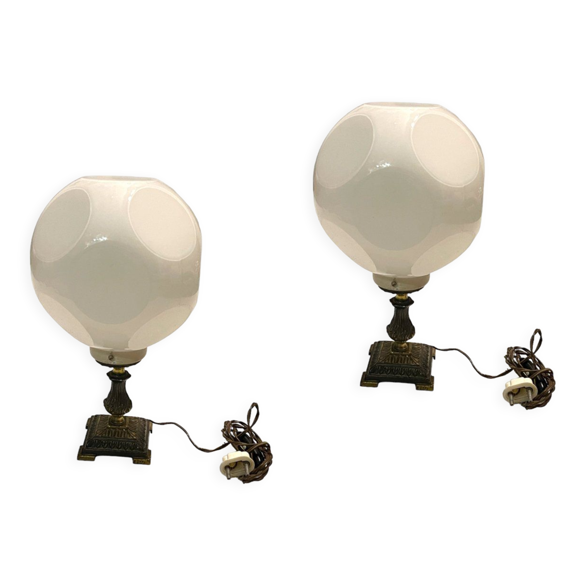 Opaline glass dice shaped table lamps, 1960s, set of 2