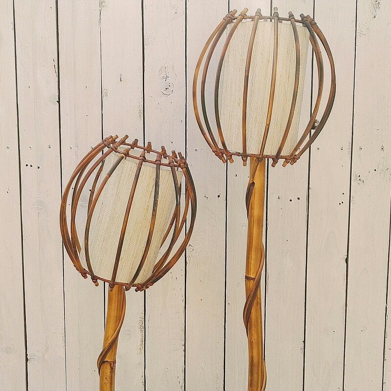 Rattan lamppost, 2 lights and tablet, vintage